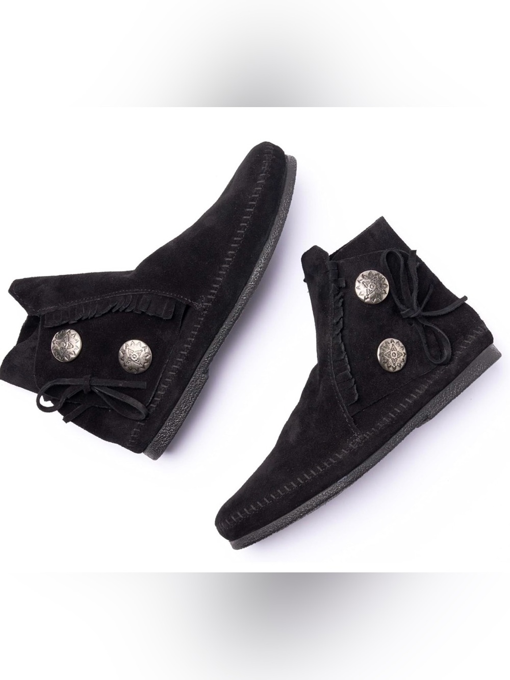 Black Suede Minnetonka Fringe Moccasin Boots - Women